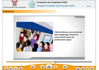 ? ,f
Tidak tersedianya sarana kereta api
akan mengganggu transportasi
umum sebuah negara dan
perekonomlan negara.
Pendahuluan
CERTIFICATEPROGRAMINPUBLICPROCUREMENT
,~ Pengadaan dan Pengadaan Publik
6Lc Pengantar Pengadaan dan Pengadaan Publik 01 /31
~
Ill
 