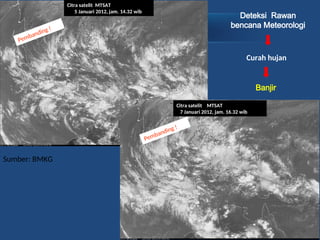 Citra satelit MTSAT
5 Januari 2012, jam. 14.32 wib
Citra satelit MTSAT
7 Januari 2012, jam. 16.32 wib
Pembanding !
Pembanding !
Sumber: BMKG
Deteksi Rawan
bencana Meteorologi
Curah hujan
Banjir
 