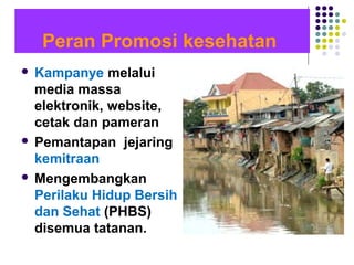 Peran Promosi kesehatan
 Kampanye melalui
  media massa
  elektronik, website,
  cetak dan pameran
 Pemantapan jejaring
  kemitraan
 Mengembangkan
  Perilaku Hidup Bersih
  dan Sehat (PHBS)
  disemua tatanan.
 