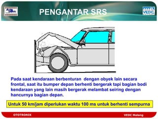 PENGANTAR SRS




 Pada saat kendaraan berbenturan dengan obyek lain secara
 frontal, saat itu bumper depan berhenti bergerak tapi bagian bodi
 kendaraan yang lain masih bergerak melambat seiring dengan
 hancurnya bagian depan.

Untuk 50 km/jam diperlukan waktu 100 ms untuk berhenti sempurna

  OTOTRONIK                                            VEDC Malang
 