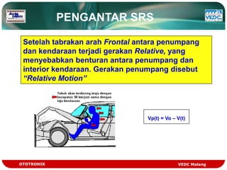 PENGANTAR SRS

 Setelah tabrakan arah Frontal antara penumpang
 dan kendaraan terjadi gerakan Relative, yang
 menyebabkan benturan antara penumpang dan
 interior kendaraan. Gerakan penumpang disebut
 “Relative Motion”




                                 Vp(t) = Vo – V(t)




OTOTRONIK                                     VEDC Malang
 