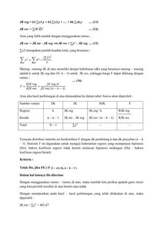 JK reg = b1.∑x1.y + b2.∑x2.y + … + bk.∑xk.y … (13)
JK res = ∑(Y-Ŷ)2 … (14)
Atau yang lebih mudah dengan menggunakan rumus :
JK res = JK tot – JK reg ⟹ JK res = ∑y2 – JK reg … (15)
∑y2 merupakan jumlah kuadrat total, yang besarnya :
Masing –masing JK di atas memiliki derajat kebebasan (dk) yang besarnya masing – masing
adalah k untuk JK reg dan (N- k - 1) untuk JK res, sehingga harga F dapat dihitung dengan
rumus :
Atau jika hasil perhitungan di atas dimasukkan ke dalam tabel Anova akan diperoleh :
Sumber variasi Dk JK RJK F
Regresi
Residu
k
n – k – 1
JK reg
JK tot – JK reg
JK reg / k
JK res / (n – k – 1)
RJK reg
RJK res
Total N – 1 ∑y2
- -
Ternyata distribusi statistik ini berdistribusi F dengan dk pembilang k dan dk penyebut (n – k
– 1). Statistik F ini digunakan untuk menguji keberartian regresi yang mempunyai hipotesis
(Ho): bahwa koefisien regresi tidak berarti melawan hipotesis tandingan (Ha) : bahwa
koefisien regresi berarti.
Kriteria :
Tolak Ho, jika Fh ≥ F (1 – α); (k, n – k – 1 )
Dalam hal lainnya Ho diterima
Dengan menggunakan rumus – rumus di atas, maka marilah kita periksa apakah garis reresi
yang kita peroleh tersebut di atas berarti atau tidak.
Dengan mendasarkan pada hasil – hasil perhitungan yang telah dilakukan di atas, maka
diperoleh :
JK tot = ∑y2
= 403,47
… (16)
 