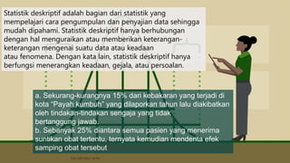 Statistik deskriptif adalah bagian dari statistik yang
mempelajari cara pengumpulan dan penyajian data sehingga
mudah dipahami. Statistik deskriptif hanya berhubungan
dengan hal menguraikan atau memberikan keterangan-
keterangan mengenai suatu data atau keadaan
atau fenomena. Dengan kata lain, statistik deskriptif hanya
berfungsi menerangkan keadaan, gejala, atau persoalan.
a. Sekurang-kurangnya 15% dari kebakaran yang terjadi di
kota “Payah kumbuh” yang dilaporkan tahun lalu diakibatkan
oleh tindakan-tindakan sengaja yang tidak
bertanggung jawab.
b. Sebanyak 25% diantara semua pasien yang menerima
suntikan obat tertentu, ternyata kemudian menderita efek
samping obat tersebut
Elfa Ma'rifah, M.Pd.
 