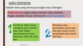 DATA STATISTIK
Adalah data yang berwujud angka atau bilangan.
Tidak semua angka dapat disebut data statistik.
Angka statistik harus memenuhi syarat agregatif.
Penelitian boleh hanya
mengenai satu individu
saja, akan tetapi
pencatatannya harus
dilakukan lebih dari satu
kali.
Penelitian atau
pencatatan hanya satu
kali saja, tetapi inividu
yang diteliti harus lebih
dari satu.
Elfa Ma'rifah, M.Pd.
 