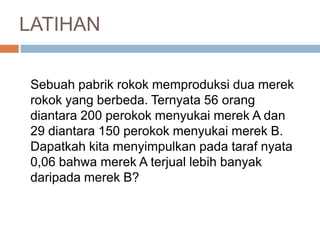 Sebuah pabrik rokok memproduksi dua merek
rokok yang berbeda. Ternyata 56 orang
diantara 200 perokok menyukai merek A dan
29 diantara 150 perokok menyukai merek B.
Dapatkah kita menyimpulkan pada taraf nyata
0,06 bahwa merek A terjual lebih banyak
daripada merek B?
LATIHAN
 
