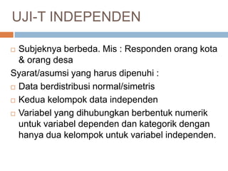 UJI-T INDEPENDEN
 Subjeknya berbeda. Mis : Responden orang kota
& orang desa
Syarat/asumsi yang harus dipenuhi :
 Data berdistribusi normal/simetris
 Kedua kelompok data independen
 Variabel yang dihubungkan berbentuk numerik
untuk variabel dependen dan kategorik dengan
hanya dua kelompok untuk variabel independen.
 
