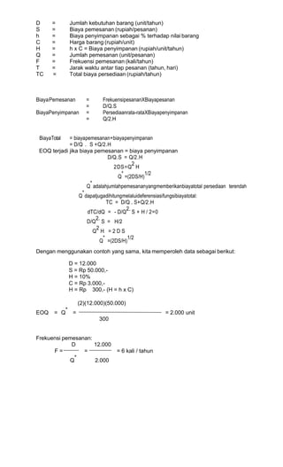 D = Jumlah kebutuhan barang (unit/tahun)
S = Biaya pemesanan (rupiah/pesanan)
h = Biaya penyimpanan sebagai % terhadap nilai barang
C = Harga barang (rupiah/unit)
H = h x C = Biaya penyimpanan (rupiah/unit/tahun)
Q = Jumlah pemesanan (unit/pesanan)
F = Frekuensi pemesanan (kali/tahun)
T = Jarak waktu antar tiap pesanan (tahun, hari)
TC = Total biaya persediaan (rupiah/tahun)
BiayaPemesanan = FrekuensipesananXBiayapesanan
= D/Q.S
BiayaPenyimpanan = Persediaanrata-rataXBiayapenyimpanan
= Q/2.H
BiayaTotal = biayapemesanan+biayapenyimpanan
= D/Q . S +Q/2.H
EOQ terjadi jika biaya pemesanan = biaya penyimpanan
D/Q.S = Q/2.H
2DS=Q
2
H
Q
*
=(2DS/H)
1/2
Q
*
adalahjumlahpemesananyangmemberikanbiayatotal persediaan terendah
Q
*
dapatjugadihitungmelaluideferensiasifungsibiayatotal:
TC = D/Q . S+Q/2.H
dTC/dQ = - D/Q
2.
S + H / 2=0
D/Q
2.
S = H/2
Q
2
H = 2 D S
Q
*
=(2DS/H)
1/2
Dengan menggunakan contoh yang sama, kita memperoleh data sebagai berikut:
(2)(12.000)(50.000)
EOQ = Q
*
= = 2.000 unit
300
Frekuensi pemesanan:
D 12.000
F = = = 6 kali / tahun
Q
*
2.000
D = D = 12.000
S = S = Rp 50.000,-
h = H = 10%
C = C = Rp 3.000,-
H = H = Rp 300,- (H = h x C)
 
