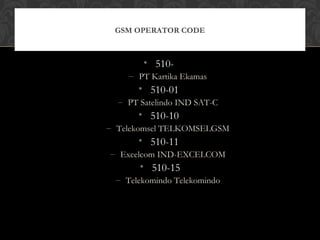 • 510-
– PT Kartika Ekamas
• 510-01
– PT Satelindo IND SAT-C
• 510-10
– Telekomsel TELKOMSELGSM
• 510-11
– Excelcom IND-EXCELCOM
• 510-15
– Telekomindo Telekomindo
GSM OPERATOR CODE
 