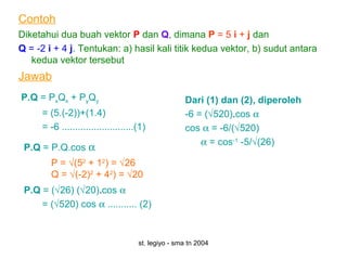 st. legiyo - sma tn 2004
Contoh
Diketahui dua buah vektor P dan Q, dimana P = 5 i + j dan
Q = -2 i + 4 j. Tentukan: a) hasil kali titik kedua vektor, b) sudut antara
kedua vektor tersebut
P.Q = PxQx + PyQy
= (5.(-2))+(1.4)
= -6 ...........................(1)
Jawab
P.Q = P.Q.cos α
P = √(52
+ 12
) = √26
Q = √(-2)2
+ 42
) = √20
P.Q = (√26) (√20).cos α
= (√520) cos α ........... (2)
Dari (1) dan (2), diperoleh
-6 = (√520).cos α
cos α = -6/(√520)
α = cos-1
-5/√(26)
 