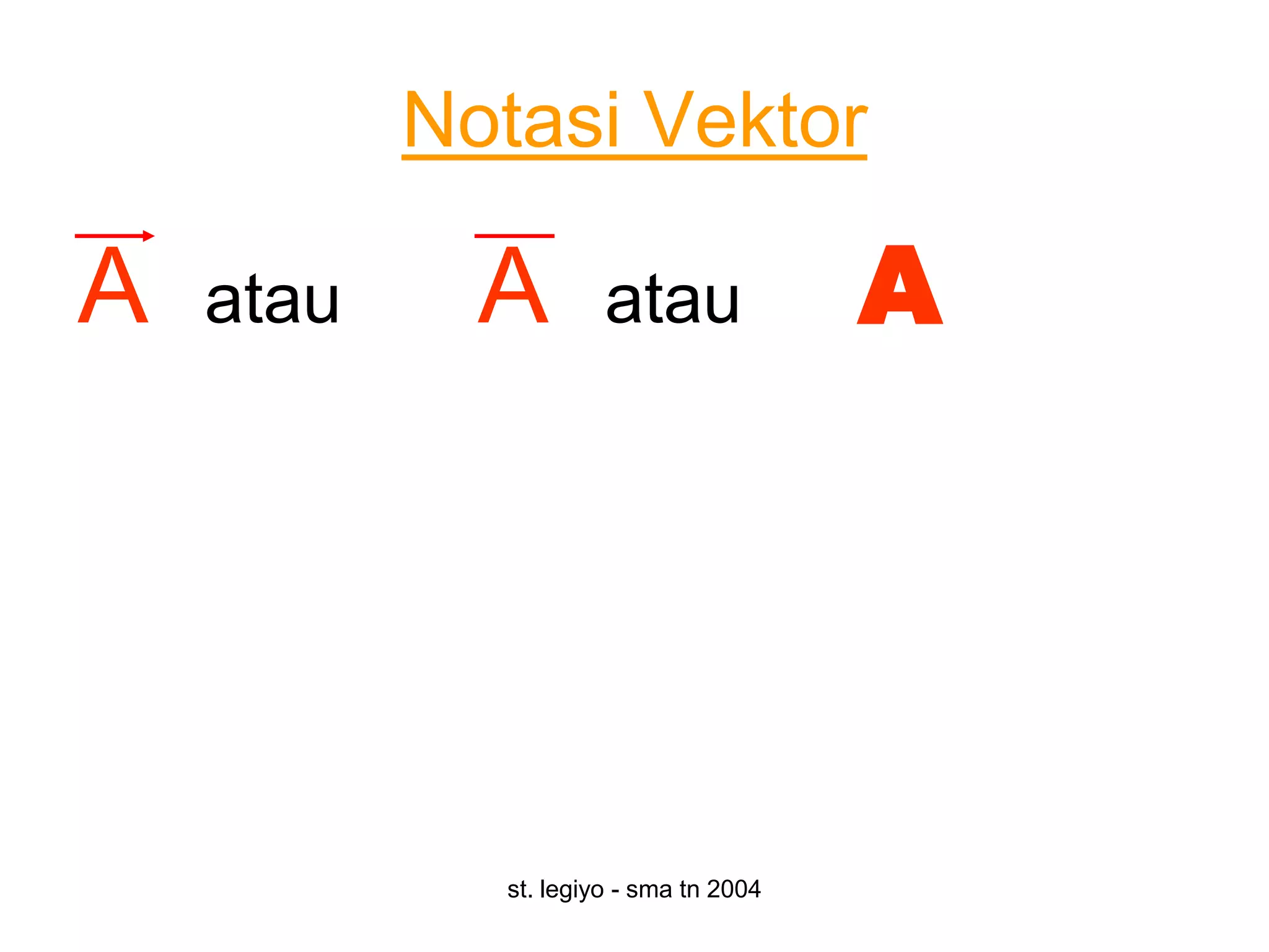 Notasi Vektor

A   atau     A        atau              A




             st. legiyo - sma tn 2004
 