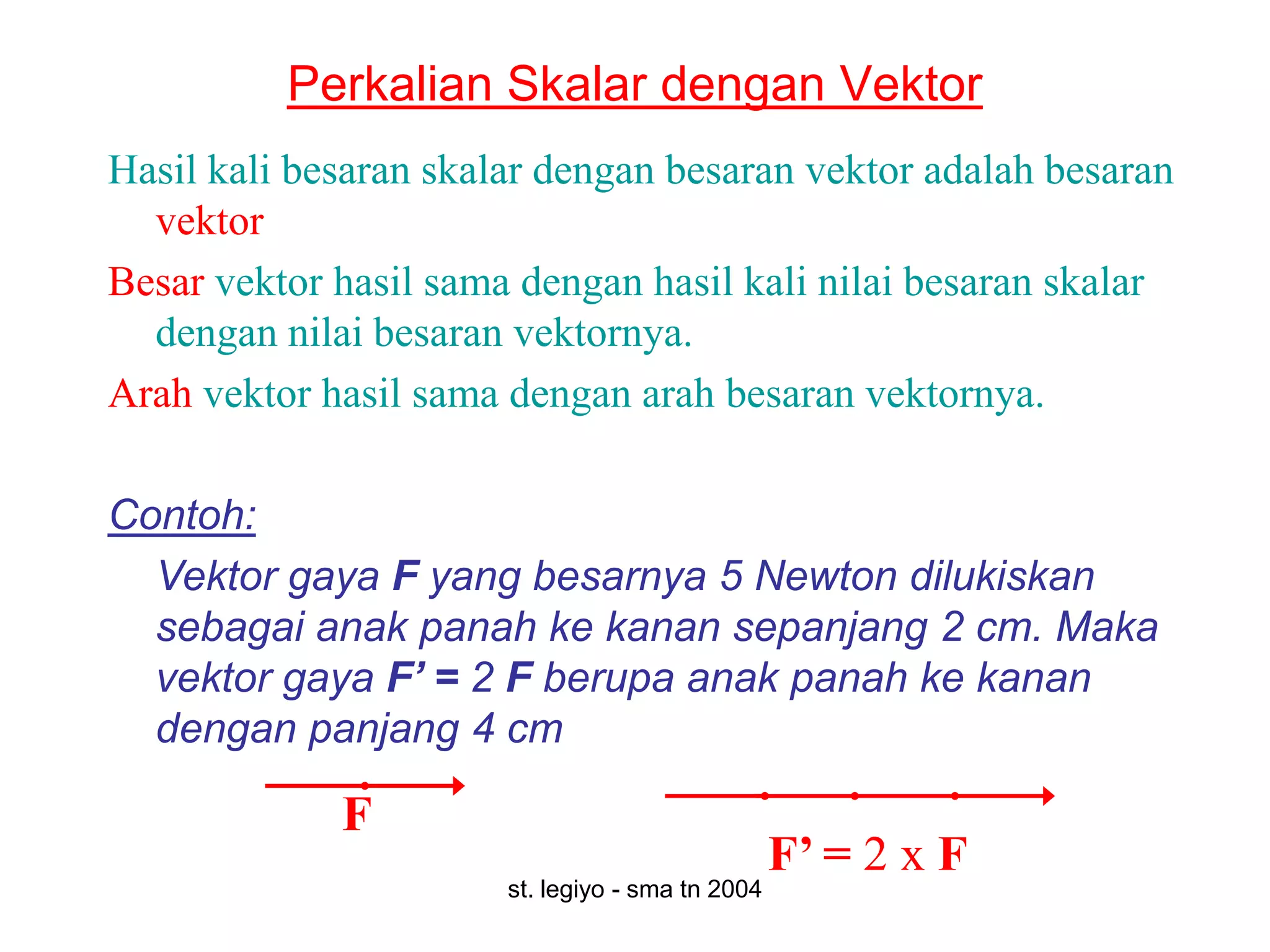 Perkalian Skalar dengan Vektor
Hasil kali besaran skalar dengan besaran vektor adalah besaran
  vektor
Besar vektor hasil sama dengan hasil kali nilai besaran skalar
  dengan nilai besaran vektornya.
Arah vektor hasil sama dengan arah besaran vektornya.

Contoh:
  Vektor gaya F yang besarnya 5 Newton dilukiskan
  sebagai anak panah ke kanan sepanjang 2 cm. Maka
  vektor gaya F’ = 2 F berupa anak panah ke kanan
  dengan panjang 4 cm

             F
                                                  F’ = 2 x F
                       st. legiyo - sma tn 2004
 