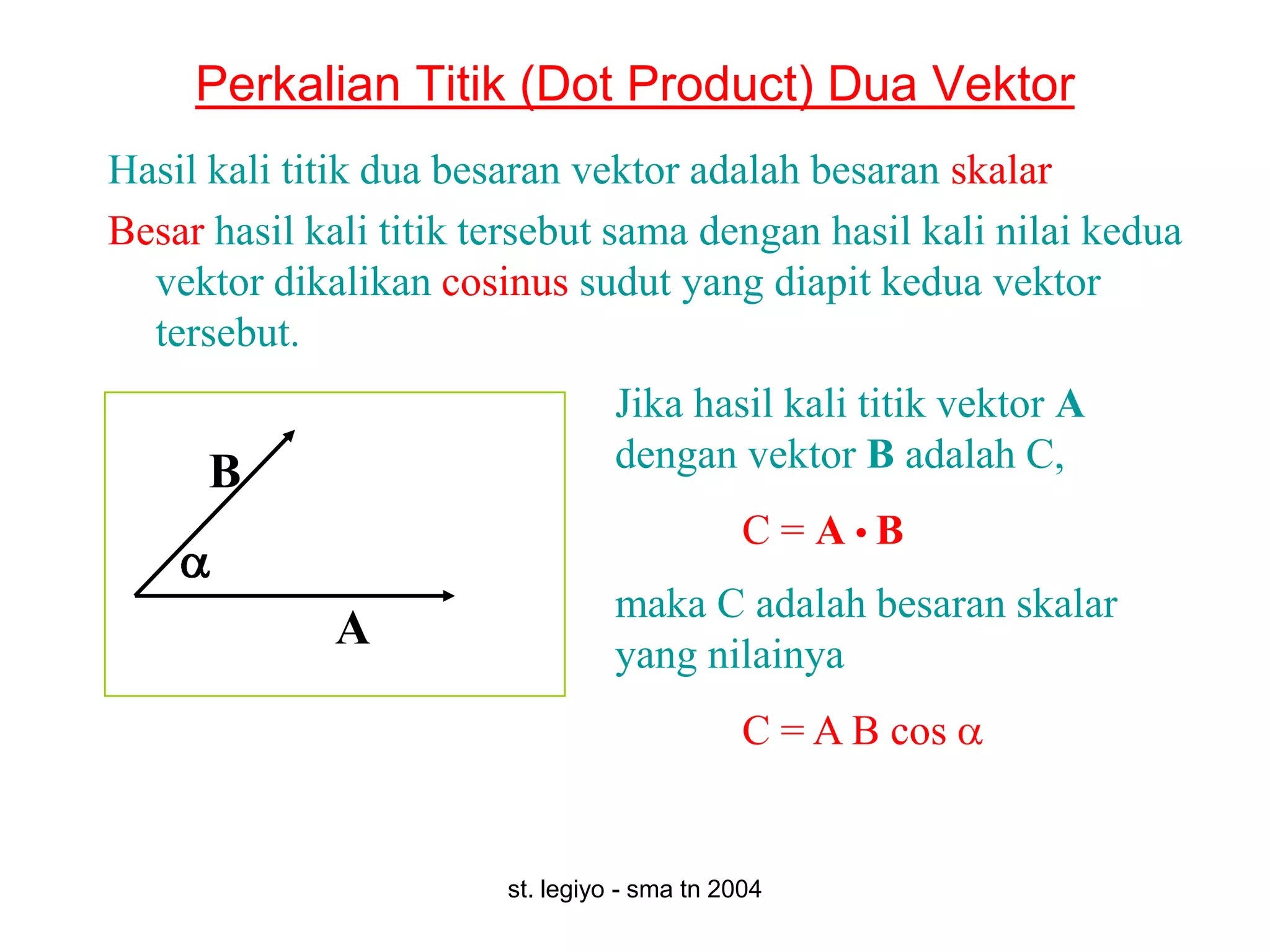 Perkalian Titik (Dot Product) Dua Vektor
Hasil kali titik dua besaran vektor adalah besaran skalar
Besar hasil kali titik tersebut sama dengan hasil kali nilai kedua
  vektor dikalikan cosinus sudut yang diapit kedua vektor
  tersebut.
                                  Jika hasil kali titik vektor A
      B                           dengan vektor B adalah C,
                                              C=A•B
                                  maka C adalah besaran skalar
             A                    yang nilainya
                                              C = A B cos


                        st. legiyo - sma tn 2004
 
