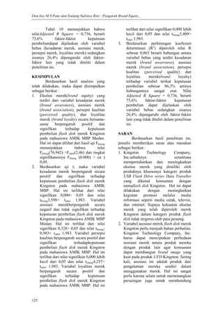 Oon boy M S Pane dan Endang Sulistya Rini : Pengaruh Brand Equity...
125
Tabel 10 menunjukkan bahwa
nilaiAdjusted R Square = 0,736, berarti
73,6% faktor-faktor keputusan
pembeliandapat dijelaskan oleh variabel
bebas (kesadaran merek, asosiasi merek,
persepsi merek, loyalitas merek) sedangkan
sisanya 26,4% dipengaruhi oleh faktor-
faktor lain yang tidak diteliti dalam
penelitian ini.
KESIMPULAN
Berdasarkan hasil analisis yang
telah dilakukan, maka dapat disimpulkan
sebagai berikut :
1. Ekuitas merek(brand equity) yang
terdiri dari variabel kesadaran merek
(brand awareness), asosiasi merek
(brand association), persepsi kualitas
(perceived quality), dan loyalitas
merek (brand loyalty) secara bersama-
sama berpengaruh positif dan
signifikan terhadap keputusan
pembelian flash disk merek Kingston
pada mahasiswa AMIK MBP Medan.
Hal ini dapat dilihat dari hasil uji Fhitung
menunjukkan bahwa nilai
Fhitung(76,942) >Ftabel(2,46) dan tingkat
signifikansinya Fhitung (0.000) < (α )
0,05.
2. Berdasarkan uji t, maka variabel
kesadaran merek berpengaruh secara
positif dan signifikan terhadap
keputusan pembelian flash disk merek
Kingston pada mahasiswa AMIK
MBP. Hal ini terlihat dari nilai
signifikan 0,000< 0,05 dan nilai
thitung3,598> ttabel 1,983. Variabel
asosiasi merekberpengaruh secara
negatif dan tidak signifikan terhadap
keputusan pembelian flash disk merek
Kingston pada mahasiswa AMIK MBP
Medan. Hal ini terlihat dari nilai
signifikan 0,328> 0,05 dan nilai thitung-
0,983< ttabel 1,983. Variabel persepsi
kualitas berpengaruh secara positif dan
signifikan terhadapkeputusan
pembelian flash disk merek Kingston
pada mahasiswa AMIK MBP. Hal ini
terlihat dari nilai signifikan 0,000 lebih
kecil dari 0,05 dan nilai thitung4,257>
ttabel 1,983. Variabel loyalitas merek
berpengaruh secara positif dan
signifikan terhadap keputusan
pembelian flash disk merek Kingston
pada mahasiswa AMIK MBP. Hal ini
terlihat dari nilai signifikan 0,000 lebih
kecil dari 0,05 dan nilai thitung5,409>
ttabel 1,983.
3. Berdasarkan perhitungan koefesien
determinasi (R2
) diperoleh nilai R
sebesar 0,863 berarti hubungan antara
variabel bebas yang terdiri kesadaran
merek (brand awareness), asosiasi
merek (brand association), persepsi
kualitas (perceived quality) dan
loyalitas merek(brand loyalty)
terhadap variabel terikat keputusan
pembelian sebesar 86,3% artinya
hubungannya sangat erat. Nilai
Adjusted R Square = 0,736, berarti
73,6% faktor-faktor keputusan
pembelian dapat dijelaskan oleh
variabel bebas sedangkan sisanya
26,4% dipengaruhi oleh faktor-faktor
lain yang tidak diteliti dalam penelitian
ini.
SARAN
Berdasarkan hasil penelitian ini,
penulis memberikan saran atau masukan
sebagai berikut :
1. Kingston Technology Company,
Inc.sebaiknya senantiasa
mempertahankan dan meningkatkan
ekuitas merek yang dimiliki oleh
produknya khususnya kategori produk
USB Flash Drive series Data Traveller
yang dikenal konsumen dengan
namaflash disk Kingston. Hal ini dapat
dilakukan dengan meningkatkan
kegiatan promosi melalui media
informasi seperti media cetak, televisi,
dan internet. Supaya kekuatan ekuitas
merek yang telah diperoleh merek
Kingston dalam kategori produk flash
disk tidak tergerus oleh para pesaing.
2. Variabel asosiasi merek flash disk merek
Kingston perlu menjadi bahan perhatian.
Kingston Technology Company, Inc.
harus dapat menciptakan perbedaan
asosiasi merek antara produk mereka
dengan produk lain agar konsumen
dapat membangun brand image yang
kuat pada produk UFD Kingston. Sering
kali, asosiasi ini adalah produk dari
pengalaman mereka sendiri dalam
menggunakan merek. Hal ini sangat
perlu karena selain untuk memenangkan
persaingan juga untuk membendung
 
