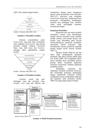 Jurnal Ekonom, Vol 14, No 3, Juli 2011
120
(2001:130), adalah sebagai berikut:
Sumber : Durianto, dkk (2001:130)
Gambar 3: Piramida Loyalitas
Durianto menambahkan untuk
brand equity yang kuat akan membentuk
suatu tingkatan brand loyalty yang berupa
piramida terbalik. Dimana Committed
Buyer akan lebih besar dari Switcher,
sehingga dapat digambarkan sebagai
berikut:
Sumber : Durianto, dkk (2001:130)
Gambar 4: Piramida Loyalitas
Loyalitas merek dan para
pelanggan yang ada mewakili suatu
strategic asset yang jika dikelola dan
dieksploitasi dengan benar, mempunyai
potensi untuk memberikan nilai (Durianto,
2001:127). Nilai-nilai yang diciptakan
brand loyalty antara lain: mengurangi biaya
pemasaran, meningkatkan perdagangan,
memikat para pelanggan baru, memberi
waktu untuk menanggapi ancaman-
ancaman persaingan
Keputusan Pembelian
Keputusan atau niat untuk membeli
merupakan sesuatu yang berhubungan
dengan rencana konsumen untuk membeli
produk tertentu, serta berapa banyak unit
produk yang dibutuhkan pada periode
tertentu.Keputusan pembelian merupakan
pernyataan mental konsumen yang
merefleksikan rencana pembelian sejumlah
produk dengan merek tertentu (Setiadi,
2003:17).
Menurut Setiadi (2003:18) ada dua
faktor dapat mempengaruhi keputusan
pembelian yaitu faktor pertama adalah sikap
lain. Kotler (2009: 184) mengatakan bahwa
proses psikologi dasar memainkan peranan
penting dalam memahami bagaimana
konsumen benar-benar membuat keputusan
pembelian mereka.
Rangsangan pemasaran dan
lingkungan memasuki kesadaran konsumen,
dan sekelompok psikologis digabungkan
dengan karakteristik konsumen tertentu
menghasilkan proses pengambilan keputusan
dan keputusan akhir pembelian (Kotler,
2009:176) seperti pada Gambar 4 berikut:
Rangsangan
Pemasaran
Produk dan Jasa
Harga
Distribusi
Komunikasi
Rangsangan
Lain
Ekonomi
Teknologi
Politik
Budaya
Motivasi
Persepsi
Pembelajaran
Memori
Karakteristi
k Konsumen
Budaya
Sosial
Pribadi
Psikologi
Konsumen
Proses Keputusan
Pembelian
Pengenalan Masalah
Pencarian Informasi
Evaluasi Alternatif
Keputusan Pembelian
Perilaku Pasca Pembelian
Pilihan Produk
Pilihan Merek
Pilihan Penyalur
Jumlah pembelian
Waktu Pembelian
Metode Pembayaran
Keputusan
Pembelian
Sumber: Kotler (2009:178)
Gambar 4: Model Perilaku Konsumen
 