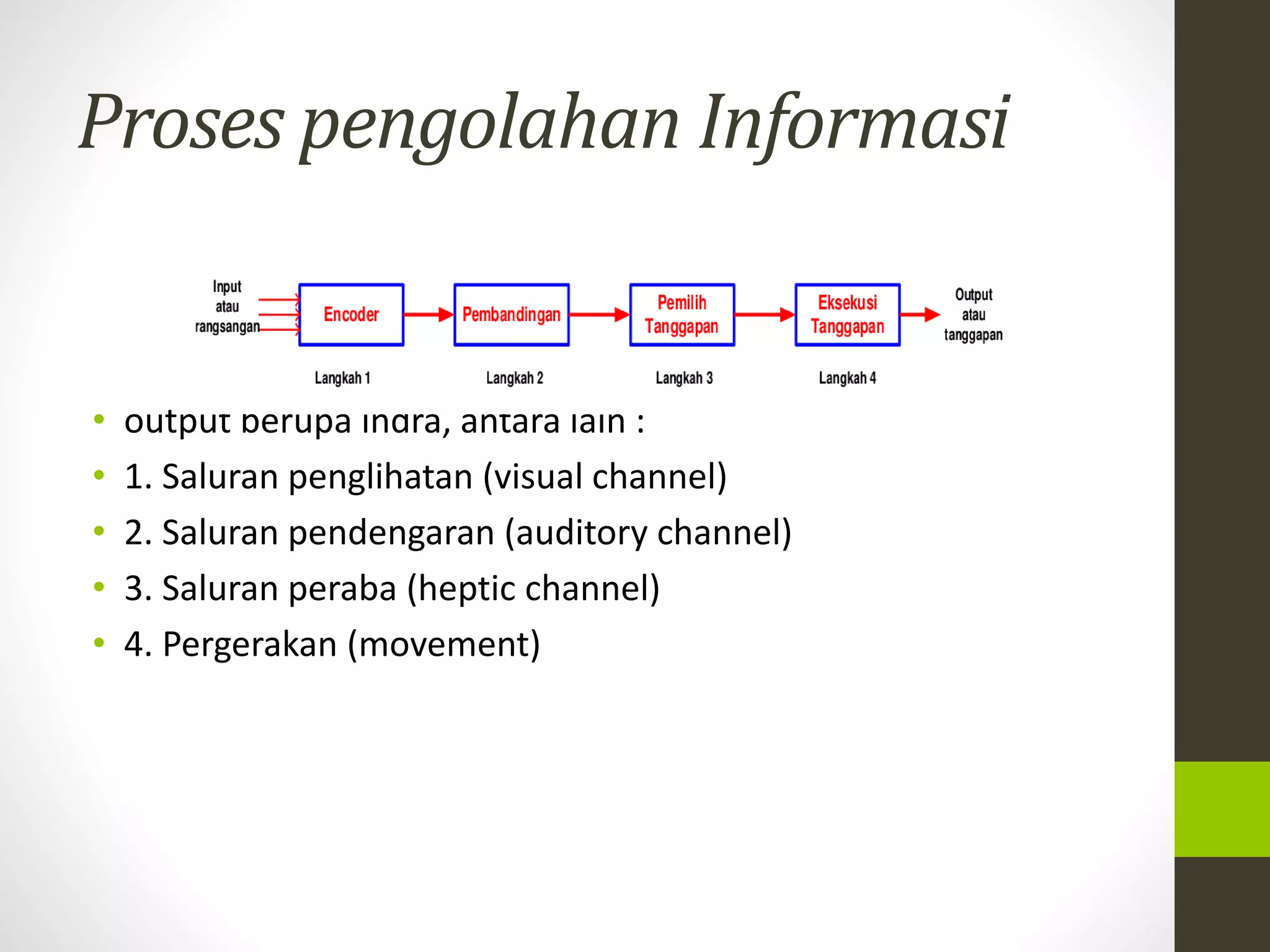 Proses pengolahan Informasi 
• output berupa indra, antara lain : 
• 1. Saluran penglihatan (visual channel) 
• 2. Saluran pendengaran (auditory channel) 
• 3. Saluran peraba (heptic channel) 
• 4. Pergerakan (movement) 
 