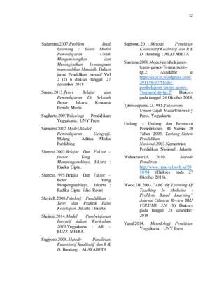 12
Sadarman.2007.Problem Bsed
Learning : Suatu Model
Pembelajaran Untuk
Mengembangkan dan
Meningkatkan kemampuan
memecahkan Masalah. Dalam
jurnal Pendidikan Inovatif Vol
2 (2) 6 diakses tanggal 27
desember 2018
Susato.2013.Teori Belajar dan
Pembelajaran Di Sekolah
Dasar. Jakarta :Kencana
Penada Media
Sugiharto.2007Psikologi Pendidikan
Yogyakarta: UNY Press
Sumarmi.2012.Model-Model
Pembelajaran Geografi.
Malang : Aditiya Media
Publishing
Slameto.2003.Belajar Dan Faktor –
factor Yang
Mempengaruhinya. Jakarta :
Rineka Cipta..
Slameto.1995.Belajar Dan Faktor –
factor Yang
Menpengaruhinya. Jakarta :
Radika Cipta. Edisi Revisi
Slavin.R.2008.Psiologi Pendidikan :
Teori dan Praktik Edisi
Kedelapan. Jakarta : Indeks
Shoimin.2014.Model Pembelajaran
Inovatif dalam Kurikulum
2013.Yogyakarta : AR –
RUZZ MEDIA.
Sugiyono.2008.Metode Penelitian
Kuantitatif Kualitatif dan R &
D. Bandung : ALAFABETA
Sugiyono.2011.Metode Penelitian
Kuantitatif Kualitatif dan R &
D. Bandung : ALAFABETA
Suarjana.2000.Model-pembelajaran-
teams-games-Tournaments-
tgt.2. Alvailable at
https://ekocin.wordpress.com/
2011/06/17/Model-
pembelajaran-teams-games-
Tournaments-tgt.2/ Diakses
pada tanggal 26 Oktober 2018.
Tjitrosoepomo.G.1985.Taksonomi
Umum Gajah Mada University
Press. Yogyakarta
Undang – Undang dan Peraturan
Pemerintahan RI Nomor 20
Tahun 2003. Tentang Sistem
Pendidikan
Nasional.2003.Kementrian
Pendidikan Nasional : Jakarta
Wulandasari.A .2010. Metode
Penelitian.
http://www.trinoval.web.id/20
10/04. (Diakses pada 27
Oktober 2018).
Wood.DF.2003..”ABC Of Learning Of
Teaching In Medicine :
Problem Based Learning”
Journal Cilinical Review BMJ
VOLUME 326 (8) Diakses
pada tanggal 28 desember
2018
Yusuf.2014. Metodologi Penelitian
Yogyakarta : UNY Press
 