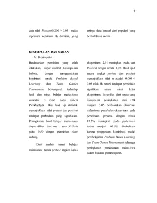 9
data nilai Posttest 0.200 > 0.05 maka
diperoleh keputusan H0 diterima, yang
artinya data berasal dari populasi yang
berdistribusi norma
KESIMPULAN DAN SARAN
A. Kesimpulan
Berdasarkan penelitian yang telah
dilakukan, dapat diambil kesimpulan
bahwa, dengan menggunakan
kombinasi model Problem Based
Learning dan Team Games
Tournament berpengaruh terhadap
hasil dan minat belajar mahasiswa
semester 3 (tiga) pada materi
Pteridophyta. Dari hasil uji statistik
menunjukkan nilai pretest dan posttest
terdapat perbedaan yang signifikan.
Peningkatan hasil belajar mahasiswa
dapat dilihat dari rata – rata N-Gain
yaitu 0.50 dengan perolehan skor
sedang.
Dari analisis minat belajar
mahasiswa rerata pretest angket kelas
eksperimen 2,94 meningkat pada saat
Posttest dengan rerata 3.05. Hasil uji-t
antara angket pretest dan posttest
menunjukkan nilai α adalah 0.000 <
0.05 tolak H0 berarti terdapat perbedaan
signifikan antara minat kelas
eksperimen. Itu terlihat dari rerata yang
mengalami peningkatan dari 2.94
menjadi 3.05. berdasarkan observasi
mahasiswa pada kelas eksperimen pada
pertemuan pertama dengan rerata
87.5% meningkat pada pertemuan
kedua menjadi 93.5% disebabkan
karena penggunaan kombinasi model
pembelajaran Problem Based Learning
dan Team Games Tournament sehingga
peningkatan pemahaman mahasiswa
dalam kualitas pembelajaran.
 