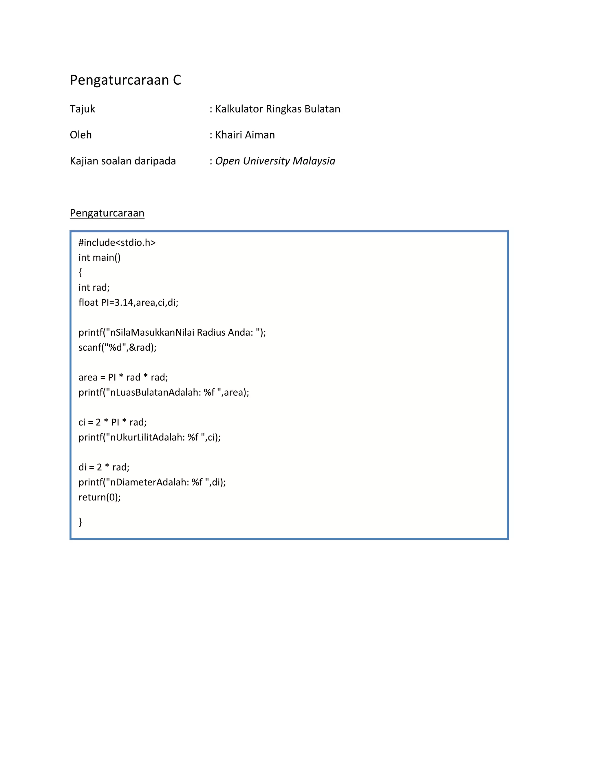 Pengaturcaraan C++ - Kalukulator Bulatan (C++ Programming - Circle ... image.