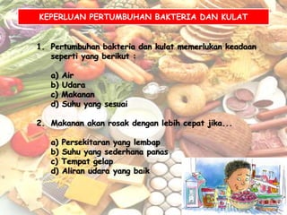 KEPERLUAN PERTUMBUHAN BAKTERIA DAN KULAT


1. Pertumbuhan bakteria dan kulat memerlukan keadaan
   seperti yang berikut :

   a)   Air
   b)   Udara
   c)   Makanan
   d)   Suhu yang sesuai

2. Makanan akan rosak dengan lebih cepat jika...

   a)   Persekitaran yang lembap
   b)   Suhu yang sederhana panas
   c)   Tempat gelap
   d)   Aliran udara yang baik
 