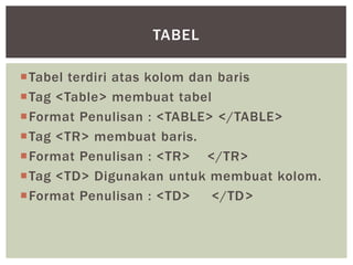 Tabel terdiri atas kolom dan baris
Tag <Table> membuat tabel
Format Penulisan : <TABLE> </TABLE>
Tag <TR> membuat baris.
Format Penulisan : <TR> </TR>
Tag <TD> Digunakan untuk membuat kolom.
Format Penulisan : <TD> </TD>
TABEL
 