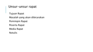 Unsur-unsur rapat
Tujuan Rapat
Masalah yang akan dibicarakan
Pemimpin Rapat
Peserta Rapat
Media Rapat
Notulis
 