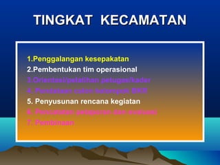TINGKAT KECAMATANTINGKAT KECAMATAN
1.Penggalangan kesepakatan
2.Pembentukan tim operasional
3.Orientasi/pelatihan petugas/kader
4. Pendataan calon kelompok BKR
5. Penyusunan rencana kegiatan
6. Pencatatan pelaporan dan evaluasi
7. Pembinaan
 