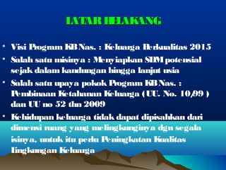 LATARBELAKANGLATARBELAKANG
• Visi Program KBNas. : Keluarga Berkualitas 2015
• Salah satu misinya : Menyiapkan SDMpotensial
sejak dalam kandungan hingga lanjut usia
• Salah satu upaya pokok Program KBNas. :
Pembinaan Ketahanan Keluarga (UU. No. 10/99 )
dan UU no 52 thn 2009
• Kehidupan keluarga tidak dapat dipisahkan dari
dimensi ruang yang melingkunginya dgn segala
isinya, untuk itu perlu Peningkatan Kualitas
Lingkungan Keluarga
 