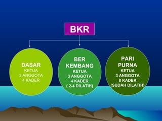 BKR
DASAR
KETUA
3 ANGGOTA
4 KADER
BER
KEMBANG
KETUA
3 ANGGOTA
4 KADER
( 2-4 DILATIH)
PARI
PURNA
KETUA
3 ANGGOTA
8 KADER
(SUDAH DILATIH)
 