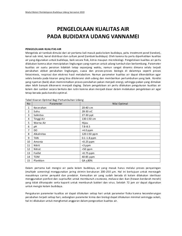 Pengelolaan Kualitas Air Pada Budidaya Udang Vannamei
