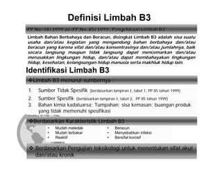 Definisi Limbah B3
PP No. 18/1999 Jo. PP No. 85/1999 “Pengelolaan Limbah B3”
Limbah Bahan Berbahaya dan Beracun, disingkat Limbah B3 adalah sisa suatu
usaha dan/atau kegiatan yang mengandung bahan berbahaya dan/atau
beracun yang karena sifat dan/atau konsentrasinya dan/atau jumlahnya, baik
secara langsung maupun tidak langsung dapat mencemarkan dan/atau
merusakkan lingkungan hidup, dan/atau dapat membahayakan lingkungan
hidup, kesehatan, kelangsungan hidup manusia serta makhluk hidup lain.

Identifikasi Limbah B3
     Limbah B3 menurut sumbernya :
1.    Sumber Tidak Spesifik    (berdasarkan lampiran I, tabel 1, PP 85 tahun 1999)

2.    Sumber Spesifik (berdasarkan lampiran I, tabel 2, PP 85 tahun 1999)
3.    Bahan kimia kadaluarsa; Tumpahan; sisa kemasan; buangan produk
      yang tidak memenuhi spesifikasi

     Berdasarkan Karakteristik Limbah B3
          •   Mudah meledak             •    Beracun
          •   Mudah terbakar            •    Menyebabkan infeksi
          •   Reaktif                   •    Bersifat korosif

     Berdasarkan Pengujian toksikologi untuk menentukan sifat akut
     dan/atau kronik
 