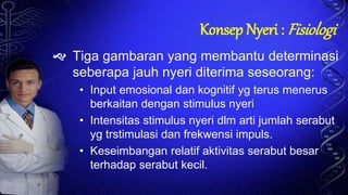 Konsep Nyeri : Fisiologi
 Tiga gambaran yang membantu determinasi
seberapa jauh nyeri diterima seseorang:
• Input emosional dan kognitif yg terus menerus
berkaitan dengan stimulus nyeri
• Intensitas stimulus nyeri dlm arti jumlah serabut
yg trstimulasi dan frekwensi impuls.
• Keseimbangan relatif aktivitas serabut besar
terhadap serabut kecil.
 