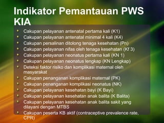 Indikator Pemantauan PWS
KIA
Cakupan pelayanan antenatal pertama kali (K1)
Cakupan pelayanan antenatal minimal 4 kali (K4)
Cakupan persalinan ditolong tenaga kesehatan (Pn)
Cakupan pelayanan nifas oleh tenaga kesehatan (Kf 3)
Cakupan pelayanan neonatus pertama kali (KN 1)
Cakupan pelayanan neonatus lengkap (KN Lengkap)
Deteksi faktor risiko dan komplikasi maternal oleh
masyarakat
Cakupan penanganan komplikasi maternal (PK)
Cakupan penanganan komplikasi neonatus (NK)
Cakupan pelayanan kesehatan bayi (K Bayi)
Cakupan pelayanan kesehatan anak balita (K Balita)
Cakupan pelayanan kesehatan anak balita sakit yang
dilayani dengan MTBS
Cakupan peserta KB aktif (contraceptive prevalence rate,
CPR)
 