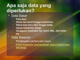 Apa saja data yang
diperlukan?
Data Dasar
Peta desa
Siklus ibu hamil hingga melahirkan
Siklus bayi baru lahir hingga balita
Upaya kesehatan warga
Gangguan kesehatan ibu hamil, BBL, dan balita
etc
Data Sasaran
Pertanyaan-pertanyaan kunci
Form kuisioner pemantauan status kesehatan
keluarga
 