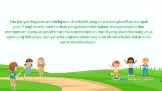 Ada banyak kegiatan pembelajaran di sekolah yang dapat menghasilkan dampak
positif bagi murid, memberikan pengalaman bermakna, menyenangkan dan
memberikan dampak positif terutama kepemimpinan murid yang akan dikenang anak
sepanjang hidupnya, dan yang terangkum dalam kegiatan intrakurikuler, kokurikuler
serta ekstrakurikuler.
 