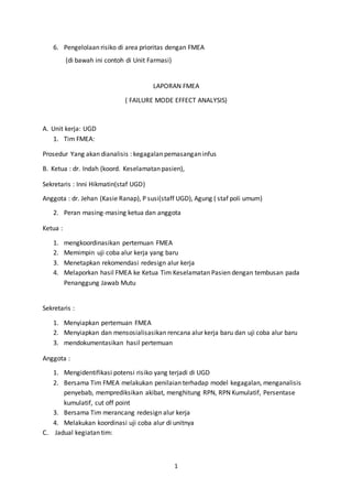 1
6. Pengelolaan risiko di area prioritas dengan FMEA
(di bawah ini contoh di Unit Farmasi)
LAPORAN FMEA
( FAILURE MODE EFFECT ANALYSIS)
A. Unit kerja: UGD
1. Tim FMEA:
Prosedur Yang akan dianalisis : kegagalan pemasangan infus
B. Ketua : dr. Indah (koord. Keselamatan pasien),
Sekretaris : Inni Hikmatin(staf UGD)
Anggota : dr. Jehan (Kasie Ranap), P susi(staff UGD), Agung ( staf poli umum)
2. Peran masing-masing ketua dan anggota
Ketua :
1. mengkoordinasikan pertemuan FMEA
2. Memimpin uji coba alur kerja yang baru
3. Menetapkan rekomendasi redesign alur kerja
4. Melaporkan hasil FMEA ke Ketua Tim Keselamatan Pasien dengan tembusan pada
Penanggung Jawab Mutu
Sekretaris :
1. Menyiapkan pertemuan FMEA
2. Menyiapkan dan mensosialisasikan rencana alur kerja baru dan uji coba alur baru
3. mendokumentasikan hasil pertemuan
Anggota :
1. Mengidentifikasi potensi risiko yang terjadi di UGD
2. Bersama Tim FMEA melakukan penilaian terhadap model kegagalan, menganalisis
penyebab, memprediksikan akibat, menghitung RPN, RPN Kumulatif, Persentase
kumulatif, cut off point
3. Bersama Tim merancang redesign alur kerja
4. Melakukan koordinasi uji coba alur di unitnya
C. Jadual kegiatan tim:
 