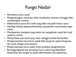Fungsi Nadzir
• Memelihara harta wakaf
• Mengembangkan wakaf, dan tidak membiarkan terlantar sehingga tidak
mendatangkan manfaat.
• Melaksanakan syarat dari wakif yang tidak menyalahi hukum syara’.
• Membagi hasilnya kepada pihak-pihak yang berhak menerimanya tepat
waktu.
• Membayarkan kewajiban yang timbul dari pengelolaan wakaf dari hasil
wakaf itu sendiri.
• Memperbaiki aset wakaf yang rusak sehingga kembali bermanfaat.
• Mempersewakan harta-harta wakaf tidak bergerak, seperti bangunan
dan tanah, dengan sewa pasaran.
• Menginvestasikan harta wakaf untuk tambahan penghasilannya.
• Bertanggungjawab atas kerusakan harta wakaf yang disebabkan
kelalaiannya dan dengan itu boleh diberhentikan dari jabatannya.

 