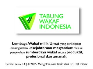 Lembaga Wakaf milik Umat yang berkhidmat
meningkatkan kesejahteraan masyarakat melalui
pengelolaan sumberdaya wakaf secara produktif,
profesional dan amanah.
Berdiri sejak 14 Juli 2005. Mengelola aset lebih dari Rp. 100 milyar

 