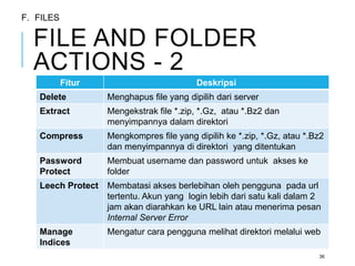 FILE AND FOLDER 
ACTIONS - 2 
Fitur Deskripsi 
Delete Menghapus file yang dipilih dari server 
Extract Mengekstrak file *.zip, *.Gz, atau *.Bz2 dan 
menyimpannya dalam direktori 
Compress Mengkompres file yang dipilih ke *.zip, *.Gz, atau *.Bz2 
dan menyimpannya di direktori yang ditentukan 
Password 
Protect 
Membuat username dan password untuk akses ke 
folder 
Leech Protect Membatasi akses berlebihan oleh pengguna pada url 
tertentu. Akun yang login lebih dari satu kali dalam 2 
jam akan diarahkan ke URL lain atau menerima pesan 
Internal Server Error 
Manage 
Indices 
Mengatur cara pengguna melihat direktori melalui web 
36 
F. FILES 
 