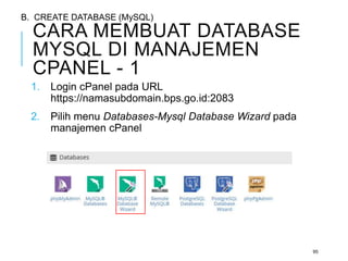 CARA MEMBUAT DATABASE 
MYSQL DI MANAJEMEN 
CPANEL - 1 
1. Login cPanel pada URL 
https://namasubdomain.bps.go.id:2083 
2. Pilih menu Databases-Mysql Database Wizard pada 
manajemen cPanel 
95 
B. CREATE DATABASE (MySQL) 
 