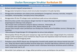 Usulan Rancangan Struktur Kurikulum SD
No                                        Komponen Rancangan Alternatif - 1
1    Berbasis tematik-integratif sampai kelas VI
2    Menggunakan kompetensi lulusan untuk merumuskan kompetensi inti pada tiap kelas
3    Menggunakan pendekatan sains dalam proses pembelajaran [mengamati, menanya, mencoba, mengolah,
     menyajikan, menyimpulkan, mencipta] semua mata pelajaran
4    Menggunakan IPA dan IPS sebagai materi pembahasan pada semua mata pelajaran
5    Meminimumkan jumlah mata pelajaran dengan hasil dari 10 dapat dikurangai menjadi 6 melalui
     pengintegrasian beberapa mata pelajaran:
     -IPA menjadi materi pembahasan pelajaran Bahasa Indonesia , Matematika, dll
     -IPS menjadi materi pembahasan pelajaran PPKn, Bahasa Indonesia, dll
     -Muatan lokal menjadi materi pembahasan Seni Budaya dan Prakarya serta Pendidikan Jasmani, Olahraga dan
     Kesehatan
     -Mata pelajaran Pengembangan Diri diintegrasikan ke semua mata pelajaran
6    Menempatkan IPA dan IPS pada posisi sewajarnya bagi anak SD yaitu bukan sebagai disiplin ilmu melainkan
     sebagai sumber kompetensi untuk membentuk sikap ilmuwan dan kepedulian dalam berinteraksi sosial dan
     dengan alam secara bertanggung jawab.
7    Perbedaan antara IPA/IPS dipisah atau diintegrasikan hanyalah pada apakah buku teksnya terpisah atau jadi
     satu. Tetapi bila dipisah dapat berakibat beratnya beban guru, kesulitan bagi bahasa Indonesia untuk mencari
     materi pembahasan yang kontekstual, berjalan sendiri melampaui kemampuan berbahasa peserta didiknya
     seperti yang terjadi saat ini, dll
8    Menambah 4 jam pelajaran per minggu akibat perubahan proses pembelajaran dan penilaian                38
 