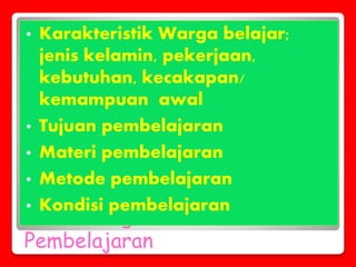 Pertimbangan Manfaat Media
Pembelajaran
• Karakteristik Warga belajar;
jenis kelamin, pekerjaan,
kebutuhan, kecakapan/
kemampuan awal
• Tujuan pembelajaran
• Materi pembelajaran
• Metode pembelajaran
• Kondisi pembelajaran
 