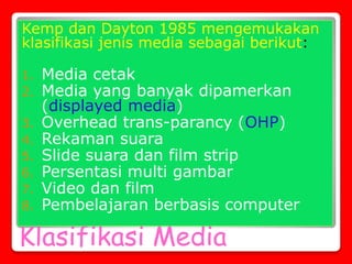 Klasifikasi Media
Kemp dan Dayton 1985 mengemukakan
klasifikasi jenis media sebagai berikut:
1. Media cetak
2. Media yang banyak dipamerkan
(displayed media)
3. Overhead trans-parancy (OHP)
4. Rekaman suara
5. Slide suara dan film strip
6. Persentasi multi gambar
7. Video dan film
8. Pembelajaran berbasis computer
 