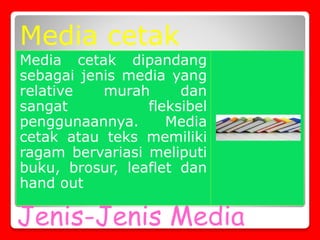 Jenis-Jenis Media
Media cetak dipandang
sebagai jenis media yang
relative murah dan
sangat fleksibel
penggunaannya. Media
cetak atau teks memiliki
ragam bervariasi meliputi
buku, brosur, leaflet dan
hand out
Media cetak
 