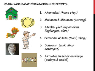 1. Akomodasi (home stay)
2. Makanan & Minuman (warung)
3. Atraksi (kehidupan desa,
lingkungan, alam)
4. Pemandu Wisata (lokal, asing)
5. Souvenir (unik, khas
setempat)
6. Aktivitas keseharian warga
(budaya & sosial)
USAHA YANG DAPAT DIKEMBANGKAN DI DESWITA
 