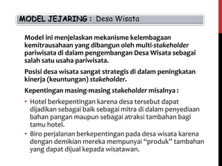 Model ini menjelaskan mekanisme kelembagaan
kemitrausahaan yang dibangun oleh multi-stakeholder
pariwisata di dalam pengembangan Desa Wisata sebagai
salah satu usaha pariwisata.
Posisi desa wisata sangat strategis di dalam peningkatan
kinerja (keuntungan) stakeholder.
Kepentingan masing-masing stakeholder misalnya :
• Hotel berkepentingan karena desa tersebut dapat
dijadikan sebagai baik sebagai mitra di dalam penyediaan
bahan pangan maupun sebagai atraksi tambahan bagi
tamu hotel.
• Biro perjalanan berkepentingan pada desa wisata karena
dengan demikian mereka mempunyai “produk” tambahan
yang dapat dijual kepada wisatawan.
MODEL JEJARING : Desa Wisata
 