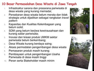 1. Infrastruktur sarana dan prasarana pariwisata di
desa wisata yang kurang memadai;
2. Persebaran desa wisata belum merata dan tidak
strategis untuk dijadikan sebagai rangkaian travel
pattern
3. Kapasitas dan Kualitas Kelembagaan yang
belum solid;
4. SDM yang belum berjiwa kewirausahaan dan
kurang sadar pariwisata;
5. Inovasi dan kreasi produk UMKM sektor
pariwisata belum berkembang;
6. Desa Wisata kurang berdaya saing;
7. Akses permodalan pengembangan desa wisata
8. Pemasaran produk masih kurang;
9. Pembiayaan untuk pengembangan Usaha
Pariwisata di desa masih tinggi
10. Peran serta Stakeholder masih minim
10 Besar Permasalahan Desa Wisata di Jawa Tengah
 