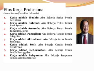 Etos Kerja Profesional
Jansen Sinamo (Guru Etos Indonesia)

1.    Kerja adalah Ibadah: Aku Bekerja Serius Penuh
      Kecintaan
2.    Kerja adalah Rahmat: Aku Bekerja Tulus Penuh
      Rasa Syukur
3.    Kerja adalah Amanah: Aku Bekerja Benar Penuh
      Tanggung Jawab
4.    Kerja adalah Panggilan: Aku Bekerja Tuntas Penuh
      Integritas
5.    Kerja adalah Aktualisasi: Aku Bekerja Keras Penuh
      Semangat
6.    Kerja adalah Seni: Aku Bekerja Cerdas Penuh
      Kreativitas
7.    Kerja adalah Kehormatan: Aku Bekerja Tekun
      Penuh Keunggulan
8.    Kerja adalah Pelayanan: Aku Bekerja Sempurna
      Penuh Kerendahan Hati
 