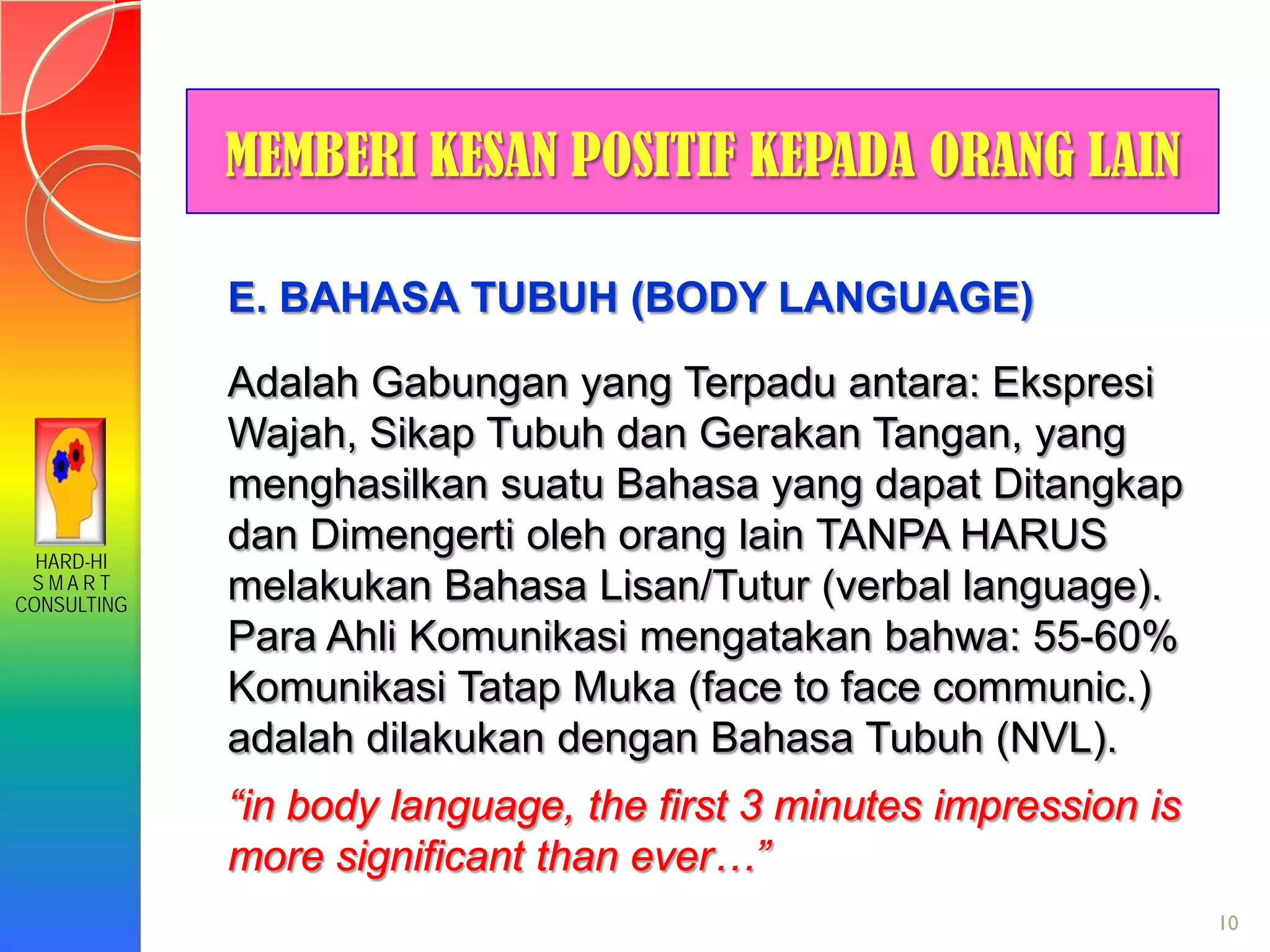 HARD-HI
S M A R T
CONSULTING
10
MEMBERI KESAN POSITIF KEPADA ORANG LAIN
E. BAHASA TUBUH (BODY LANGUAGE)
Adalah Gabungan yang Terpadu antara: Ekspresi
Wajah, Sikap Tubuh dan Gerakan Tangan, yang
menghasilkan suatu Bahasa yang dapat Ditangkap
dan Dimengerti oleh orang lain TANPA HARUS
melakukan Bahasa Lisan/Tutur (verbal language).
Para Ahli Komunikasi mengatakan bahwa: 55-60%
Komunikasi Tatap Muka (face to face communic.)
adalah dilakukan dengan Bahasa Tubuh (NVL).
“in body language, the first 3 minutes impression is
more significant than ever…”
 