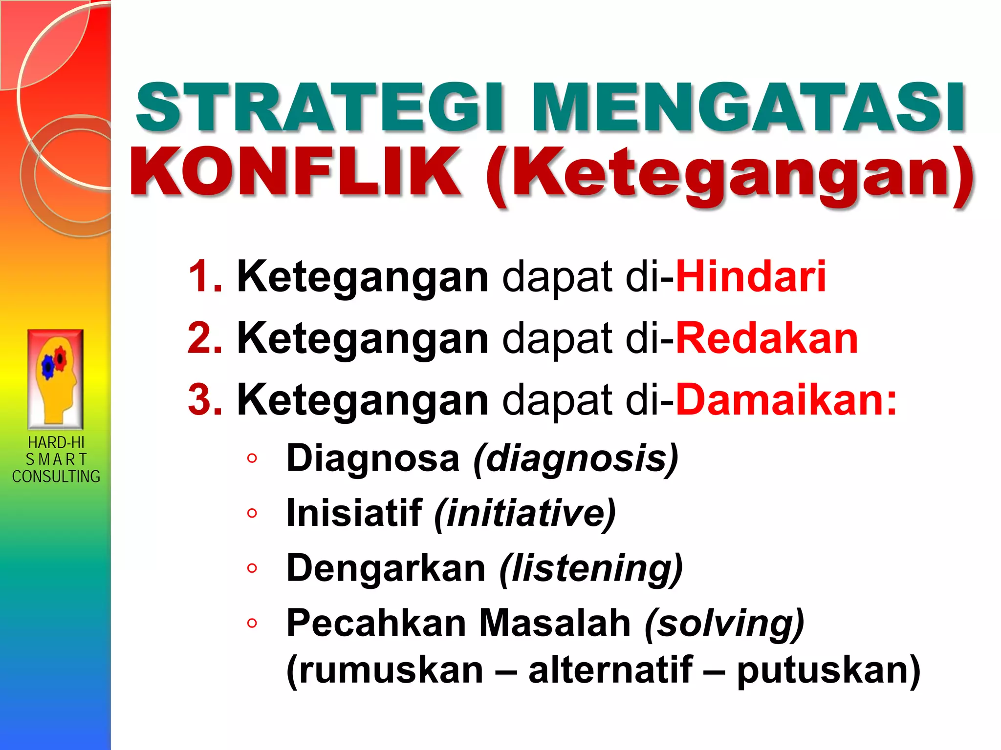 HARD-HI
S M A R T
CONSULTING
1. Ketegangan dapat di-Hindari
2. Ketegangan dapat di-Redakan
3. Ketegangan dapat di-Damaikan:
◦ Diagnosa (diagnosis)
◦ Inisiatif (initiative)
◦ Dengarkan (listening)
◦ Pecahkan Masalah (solving)
(rumuskan – alternatif – putuskan)
STRATEGI MENGATASI
KONFLIK (Ketegangan)
 