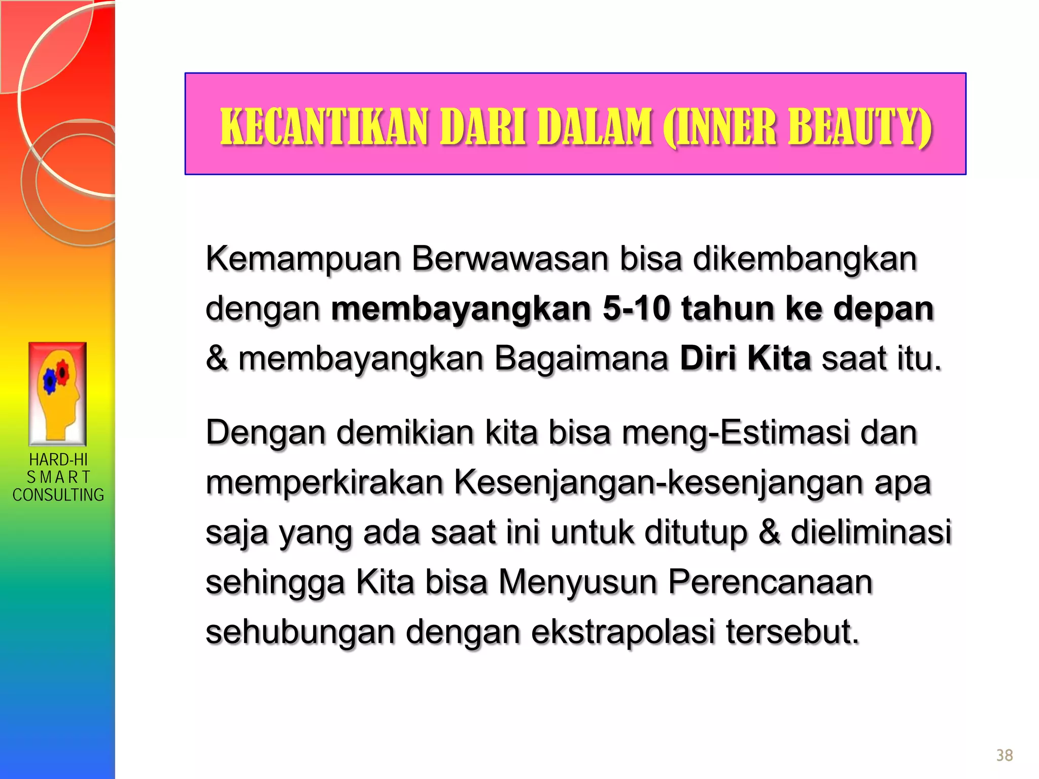 HARD-HI
S M A R T
CONSULTING
38
KECANTIKAN DARI DALAM (INNER BEAUTY)
Kemampuan Berwawasan bisa dikembangkan
dengan membayangkan 5-10 tahun ke depan
& membayangkan Bagaimana Diri Kita saat itu.
Dengan demikian kita bisa meng-Estimasi dan
memperkirakan Kesenjangan-kesenjangan apa
saja yang ada saat ini untuk ditutup & dieliminasi
sehingga Kita bisa Menyusun Perencanaan
sehubungan dengan ekstrapolasi tersebut.
 